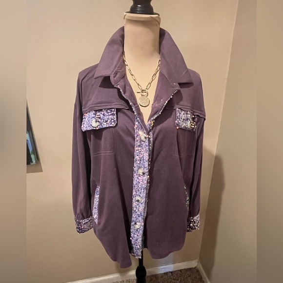 JK Oversized Purple  Button-Up Shacket with sequin detailing at pockets, size M - Picture 2 of 10